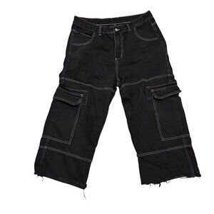 Wide Leg Denim Cargo Pants Cropped Raw Hem Size Large Streetwear Retro